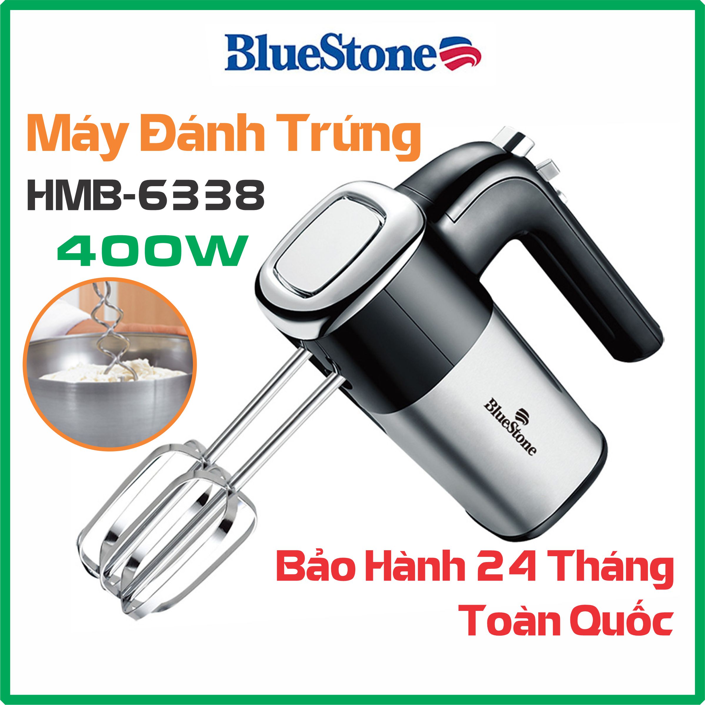 Máy đánh trứng cầm tay BlueStone 400W HMB 6338, vỏ Inox sáng bóng, sang trọng, bền, đẹp, có que đánh bột