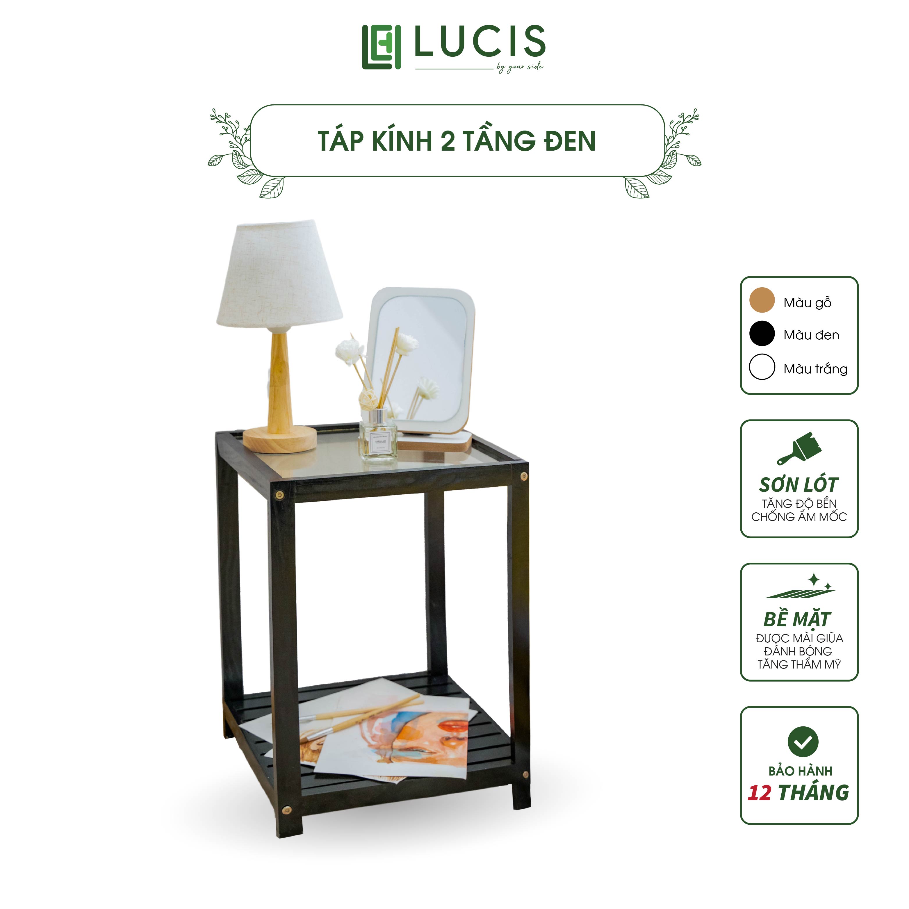 Kệ táp đầu giường mặt kính 2 tầng LUCIS màu đen nội thất phòng ngủ - Kệ đầu giường mặt kính để sách, đèn ngủ
