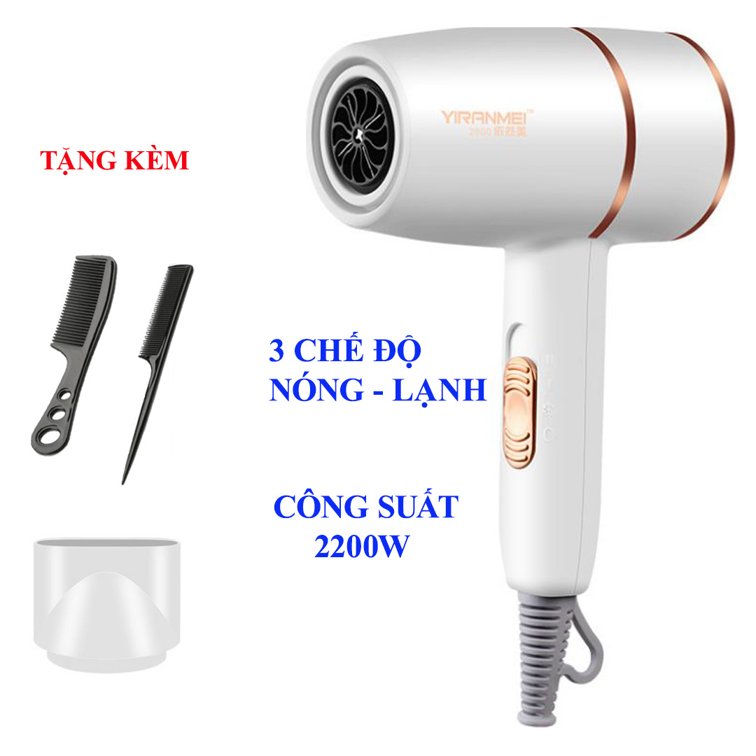 Máy sấy tóc cao cấp công suất 2200W YIRANMEI - Hàng nhập khẩu, tích hợp nhiều chế độ sấy an toàn cho tóc (Tặng kèm 3 món