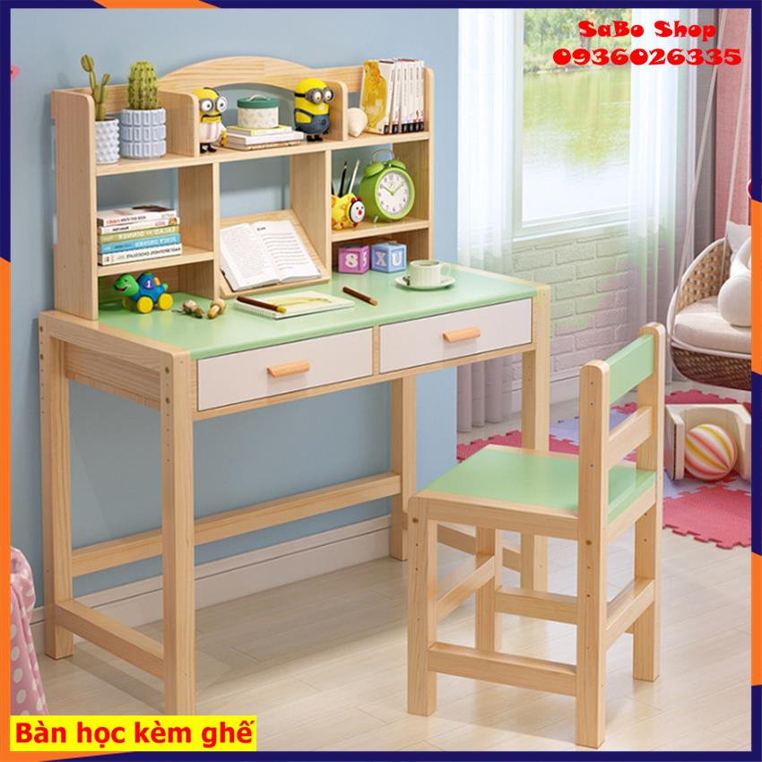 Bàn Ghế Học Sinh Tiểu Học Kèm Giá Sách Gỗ Thật, Có Điều Chỉnh Độ Cao,
