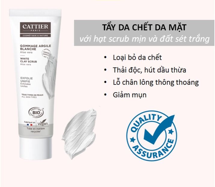 Tẩy tế bào chết đất sét trắng Cattier Gommage Argile Clay Scub Aloe Vera Bio Organic của Pháp tupe 100ml