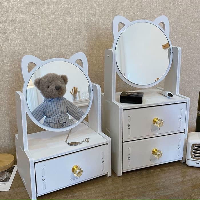 Kệ đựng mỹ phẩm để bàn - kèm gương hình tai gấu màu trắng siêu dễ thương ( 1 tầng và 2 tầng )