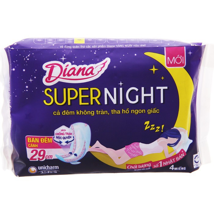 Băng vệ sinh ban đêm Diana Super Night chống tràn 4 miếng 29cm