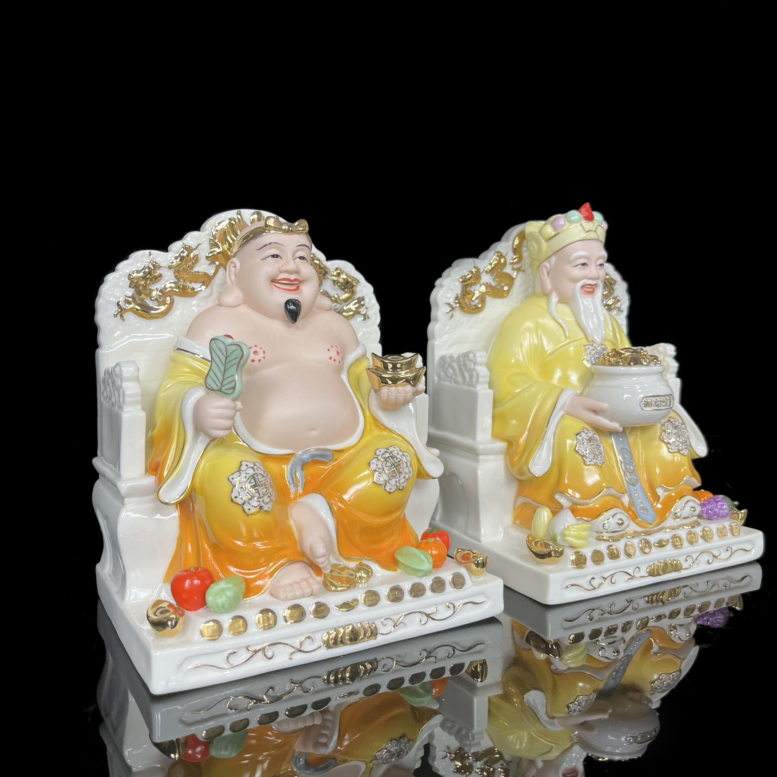 Bộ thần tài thổ địa c04 8in 10in 12in ngồi ghế vàng bằng men sứ đức hóa cao cấp - phật giáo tường thuận