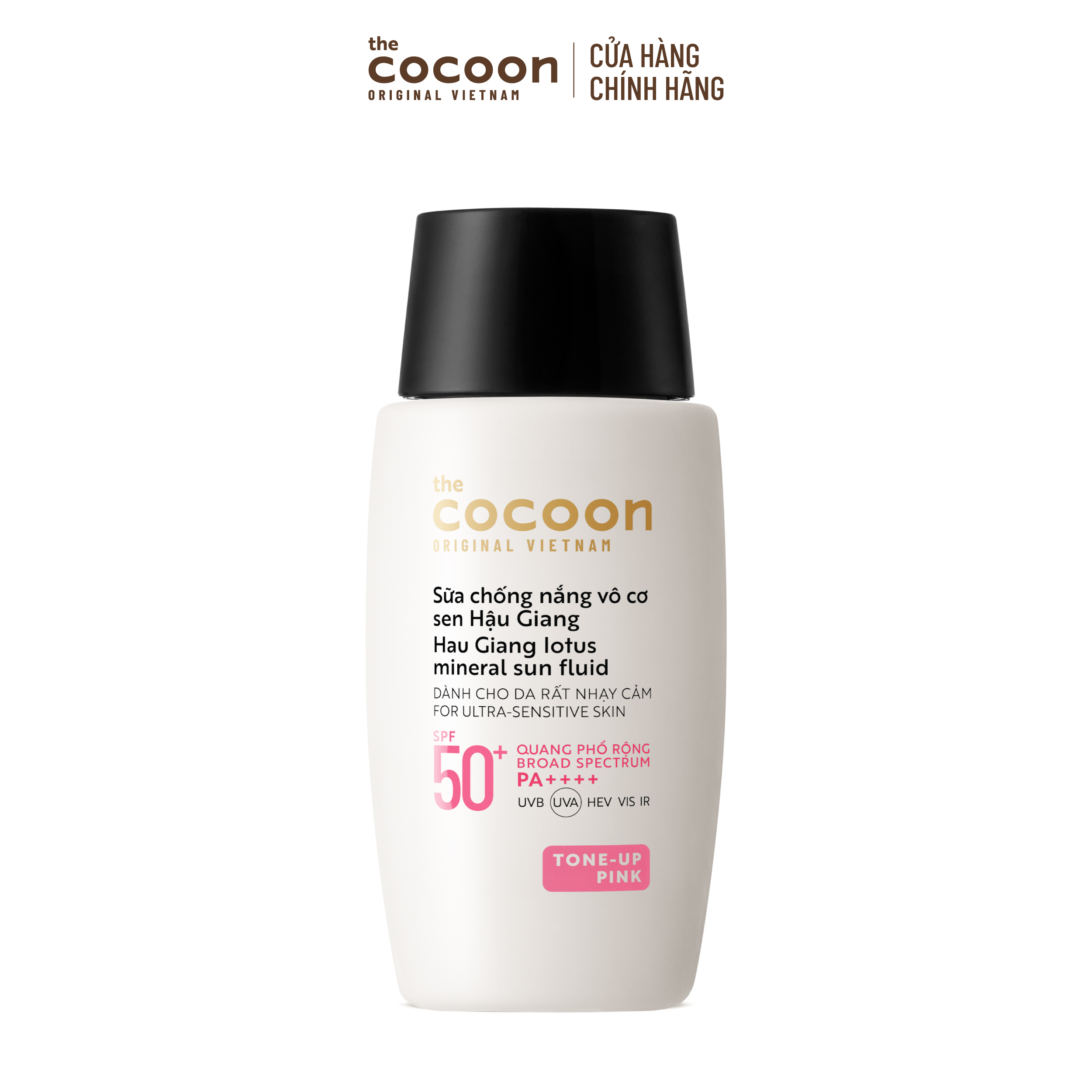 Sữa chống nắng vô cơ sen Hậu Giang - Tone up Pink Cocoon 50ml - Nâng tông tự nhiên, bảo vệ cho da rất nhạy cảm