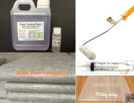 Combo gồm 7 kg keo composite (polyester) + 3 kg sợi mat 300 + xúc tác + 1 xi lanh pha keo + 1 cọ lăn nhỏ