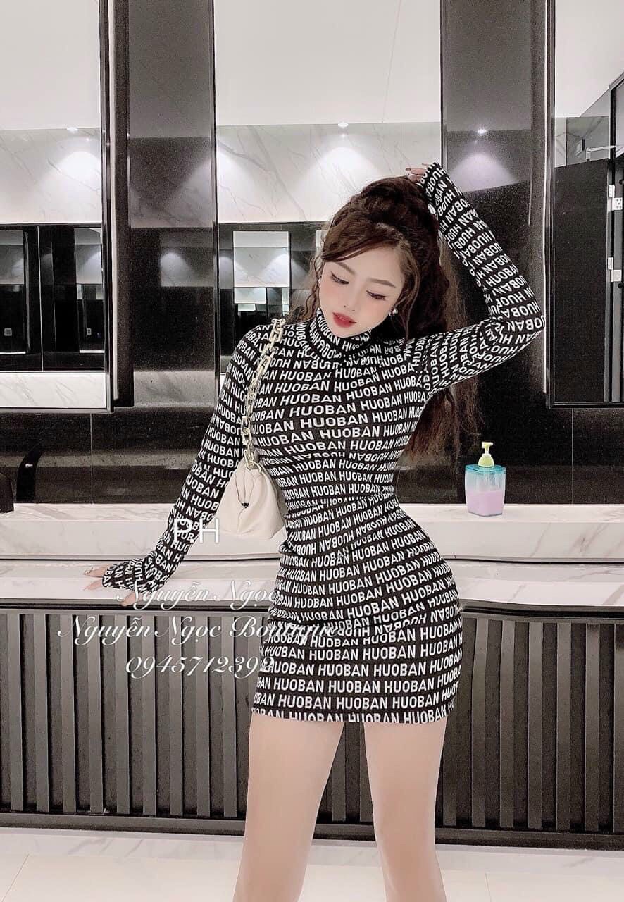 Đầm body họa tiết chữ tay dài cổ trụ #dambodyinchu