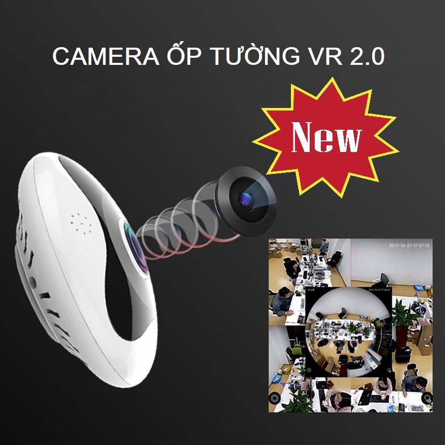 Camera trong nhà, camera giám sát, Camera Ốp tường VR 2.0,Camera quay 360 độ siêu nét, góc quay rộng, tích hợp âm thanh 2 chiều, xem hình ảnh trực tiếp, Có đèn hồng ngoại giám sát ban đêm, ốp trần nhỏ gọn, lắp đặt dễ dàng