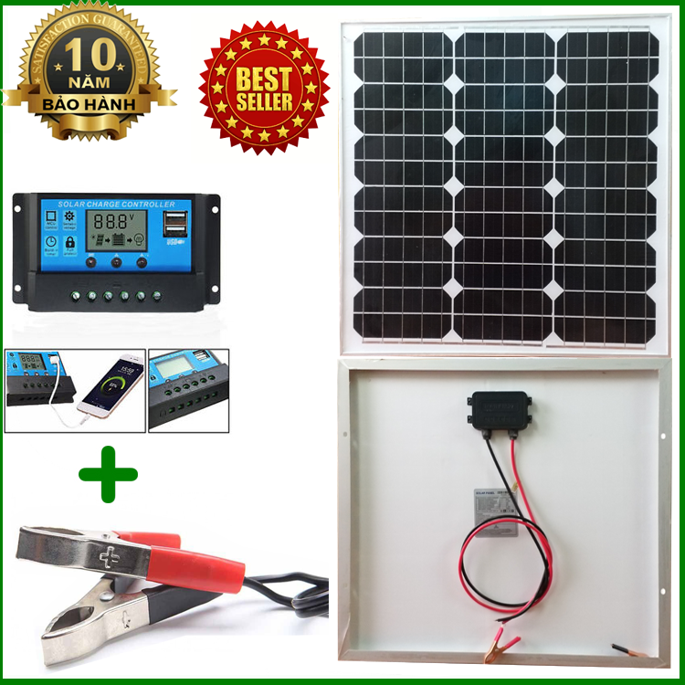 Tấm Pin năng lượng mặt trời đơn tinh thể Mono 40W tặng điều khiển sạc PWM (sạc cho hệ acquy 12V hoặc 24V) + kẹp bình acquy