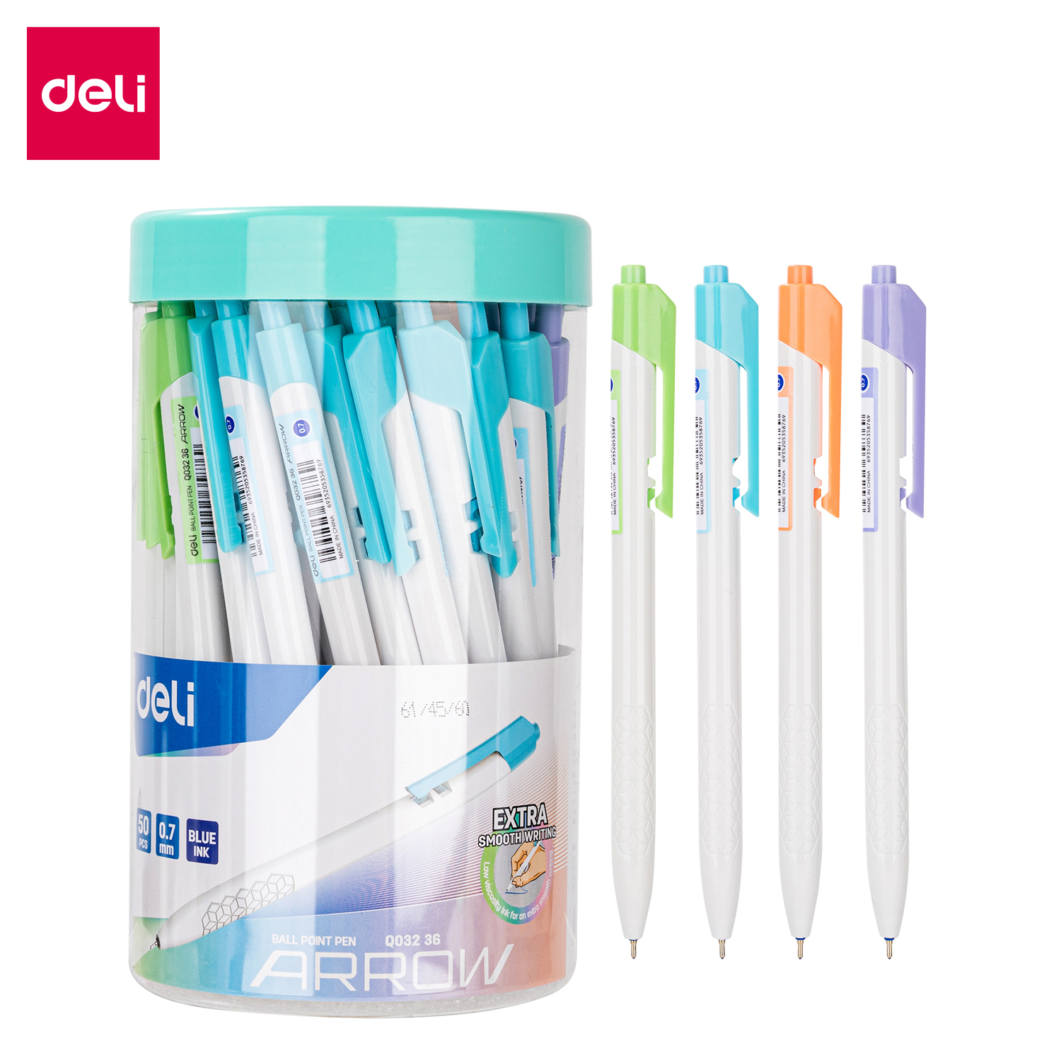 Hộp 50 bút bi mực xanh pastel ngòi 0.7 mm DELI - viết trơn, mực đều - Bút Bi bấm bút gel nước - EQ03236/EQ03336/EQ02836