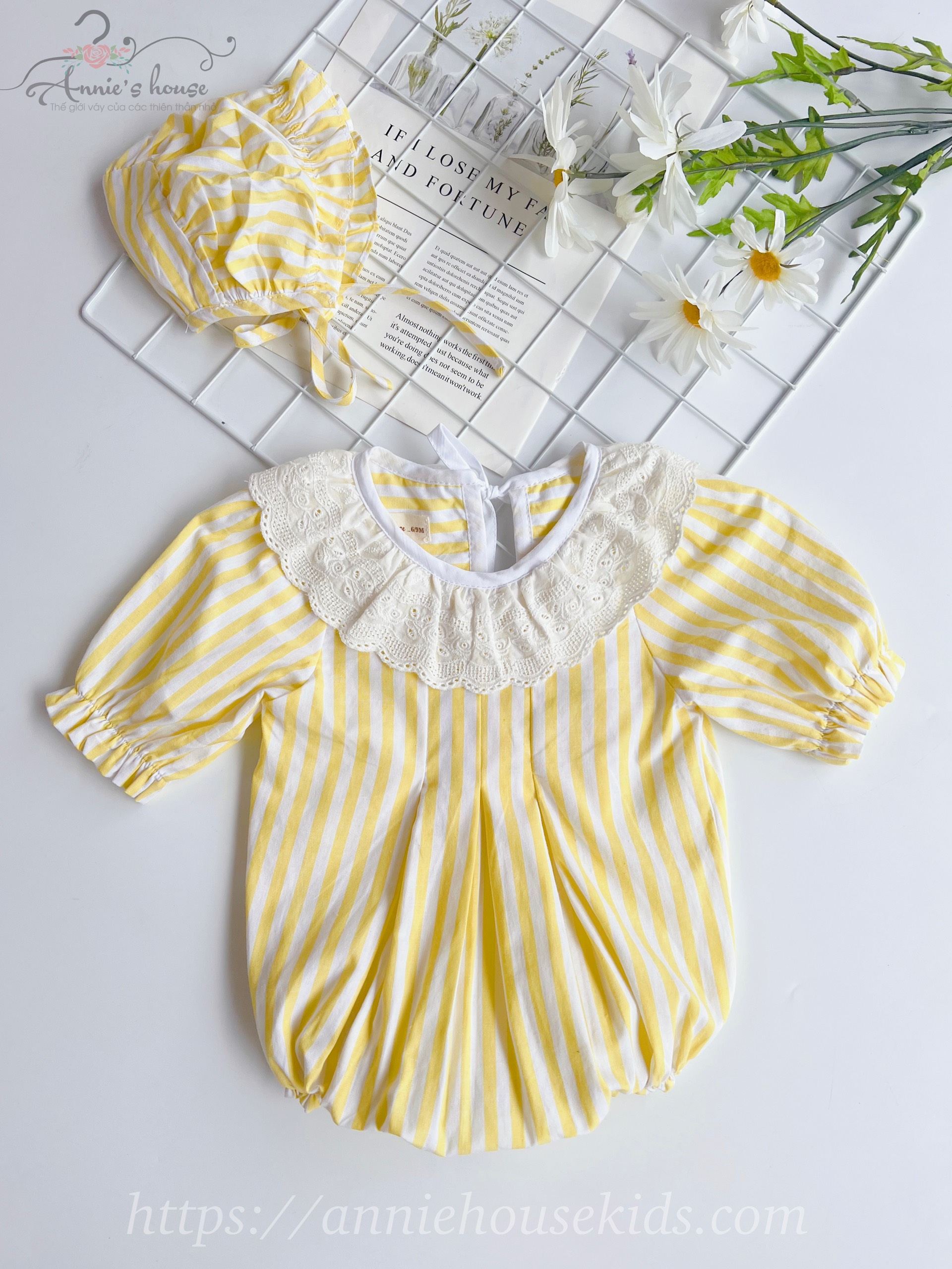 Đồ body cho bé gái Annie, bộ bodysuit cổ ren sọc vàng cho bé từ 5-14kg
