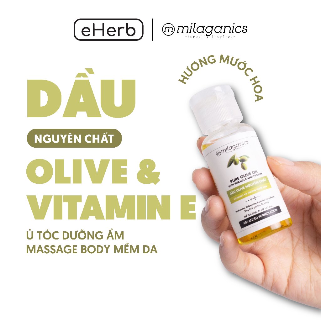 Dầu olive dưỡng tóc milaganics nguyên chất 100% nhập khẩu tây ban nha, dầu olive dưỡng da cấp ẩm 30ml