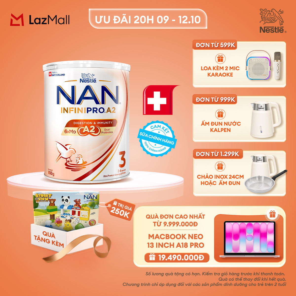 [CHỈ 20h 9-12.10 QT ĐƠN 599K/999K/1299K] [Tặng Bộ đồ chơi xếp khối đường phố] Sữa bột Nestle NAN INFINIPRO A2 3 800g Cho Bé 2 - 6 Tuổi Có Đạm A2, 6HMO  Lợi Khuẩn Kép hỗ trợ tiêu hóa, đề kháng
