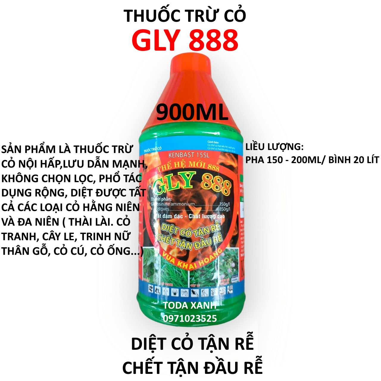 THUỐC TRỪ CỎ GLY 888 CHAI 900ML. DIỆT CỎ TẬN RỄ CHẾT TẬN ĐẦU RỄ. VUA KHAI HOANG