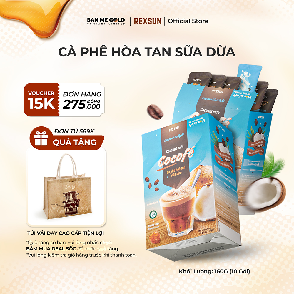 [TẶNG TÚI CÓI] Cà Phê Sữa Dừa Cocofe - Hộp 160gr (10 Gói) - Coconut Cafe Hòa Tan Chính Hãng Ban Me Gold - REXSUN