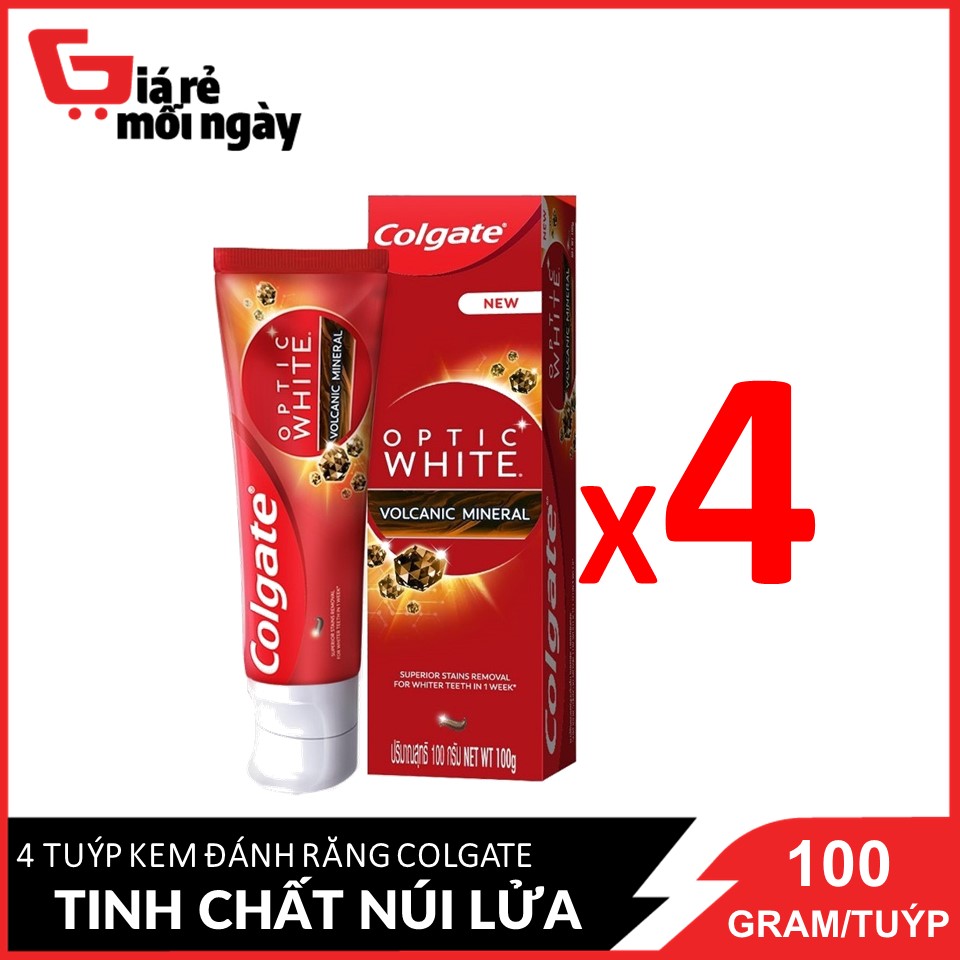 COMBO 4 tuýp kem đánh răng Colgate Optic White Làm trắng và sáng răng từ tinh chất núi lửa 100gX4