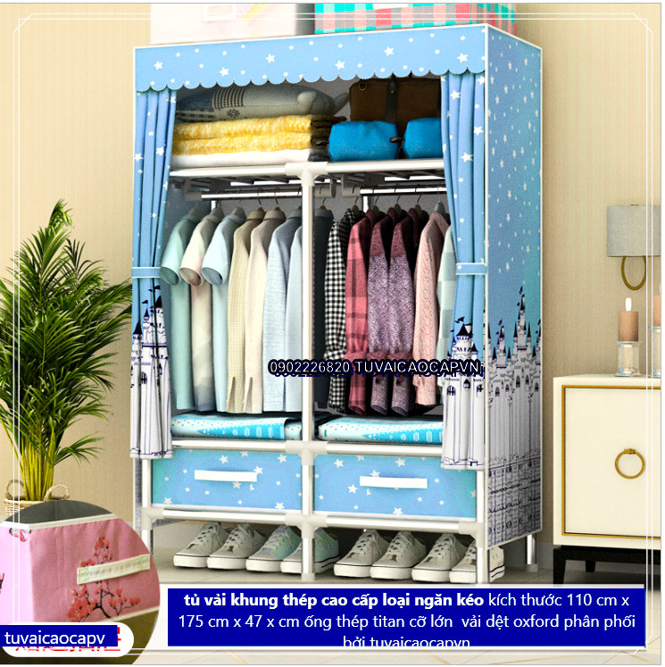 Tủ vải khung thép 3 buồng 2 buồng đựng quần áo siêu bền khung thép cỡ lớn