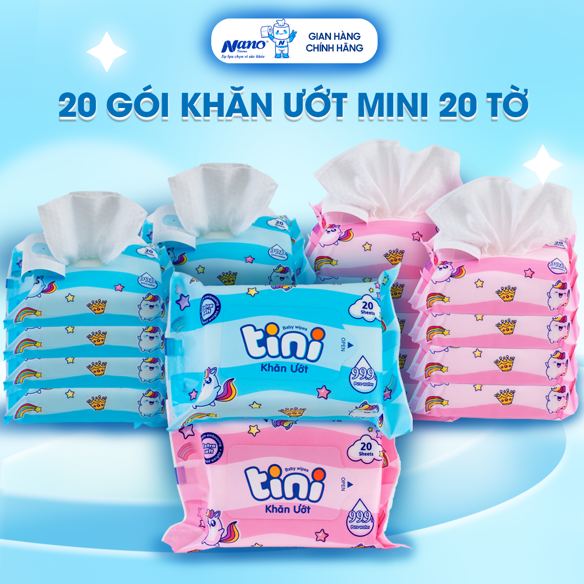 Combo 20 gói khăn ướt Bỏ Túi Tini Baby Wipes 20 Tờ/Gói, Không Cồn, Không Paraben An Toàn | Nano Tissue Official