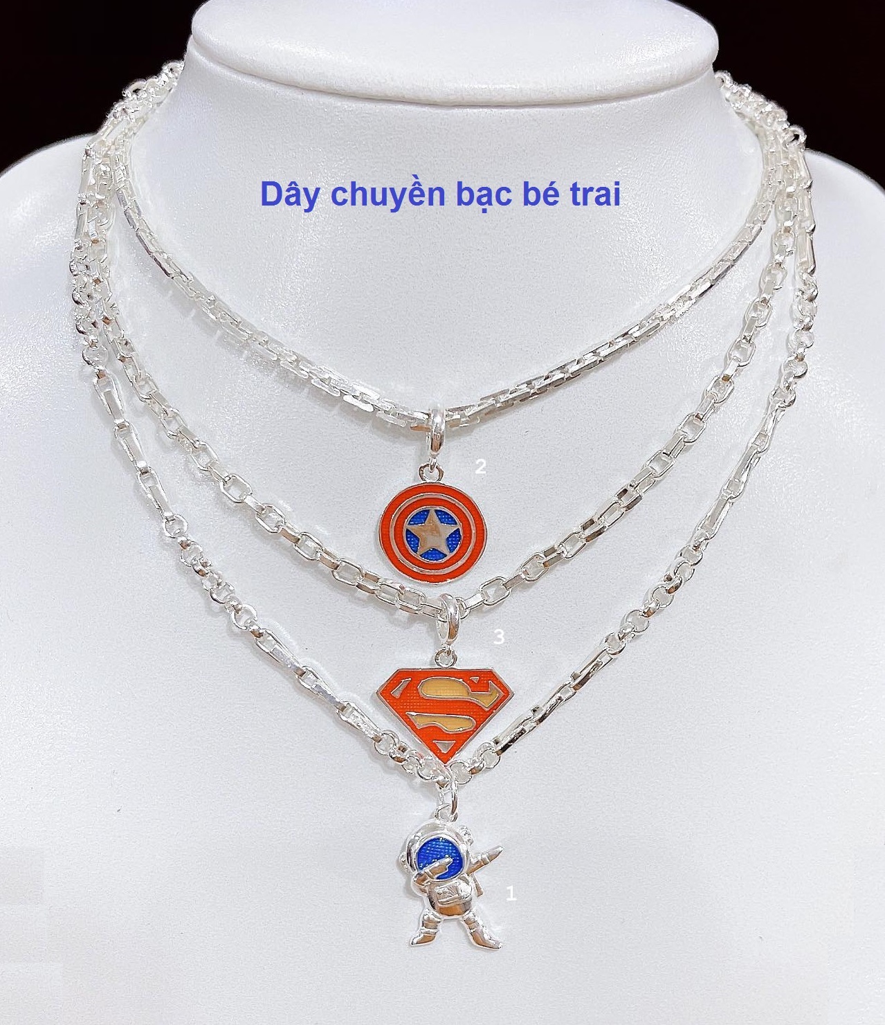 Dây chuyền mặt cho bé, dây chuyền bạc bé trai, dây chuyền bạc siêu nhân, dây chuyền bạc người nhện, dây chuyền bạc cho bé