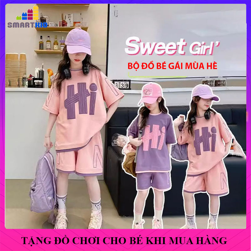 Bộ cộc tay bé gái,quần áo mùa hè cho bé gái, đồ bộ cho bé gái mùa hè mẫu Hi size 18-50kg, chất liệu cotton thoáng mát