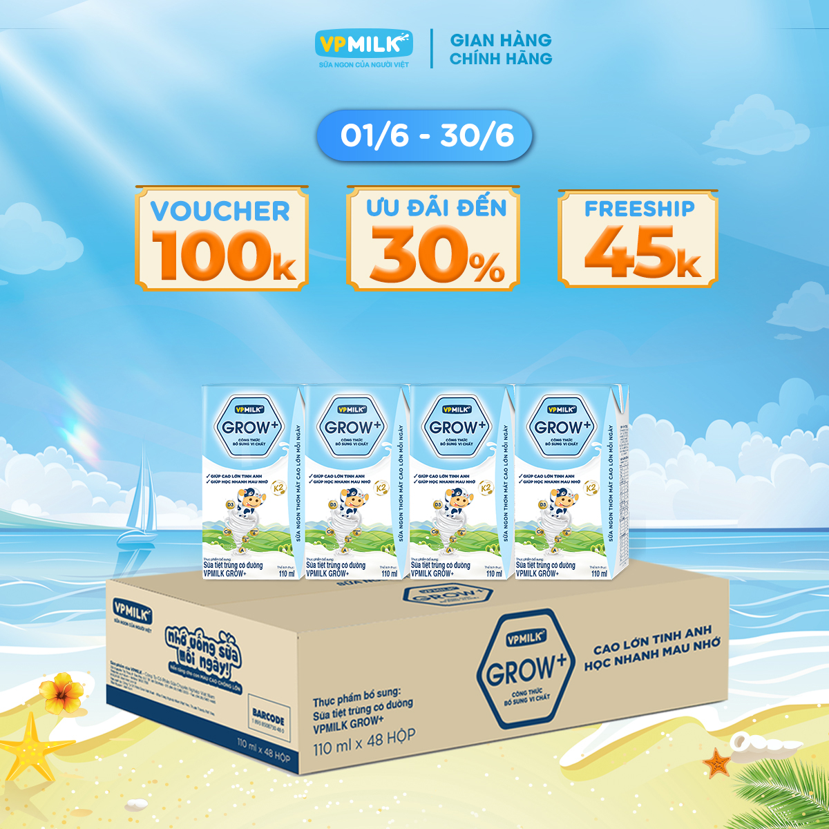 [Thùng 48 Hộp 110ml] Sữa Tiệt Trùng VPMilk Grow+ Có Đường Cho Bé Từ 1 Tuổi