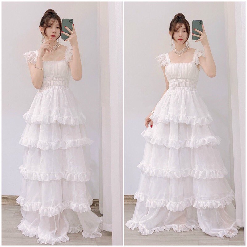 Đầm nữ dự tiệc 5 tầng, váy 2 dây 5 tầng dáng xòe công chúa màu trắng duyên dáng