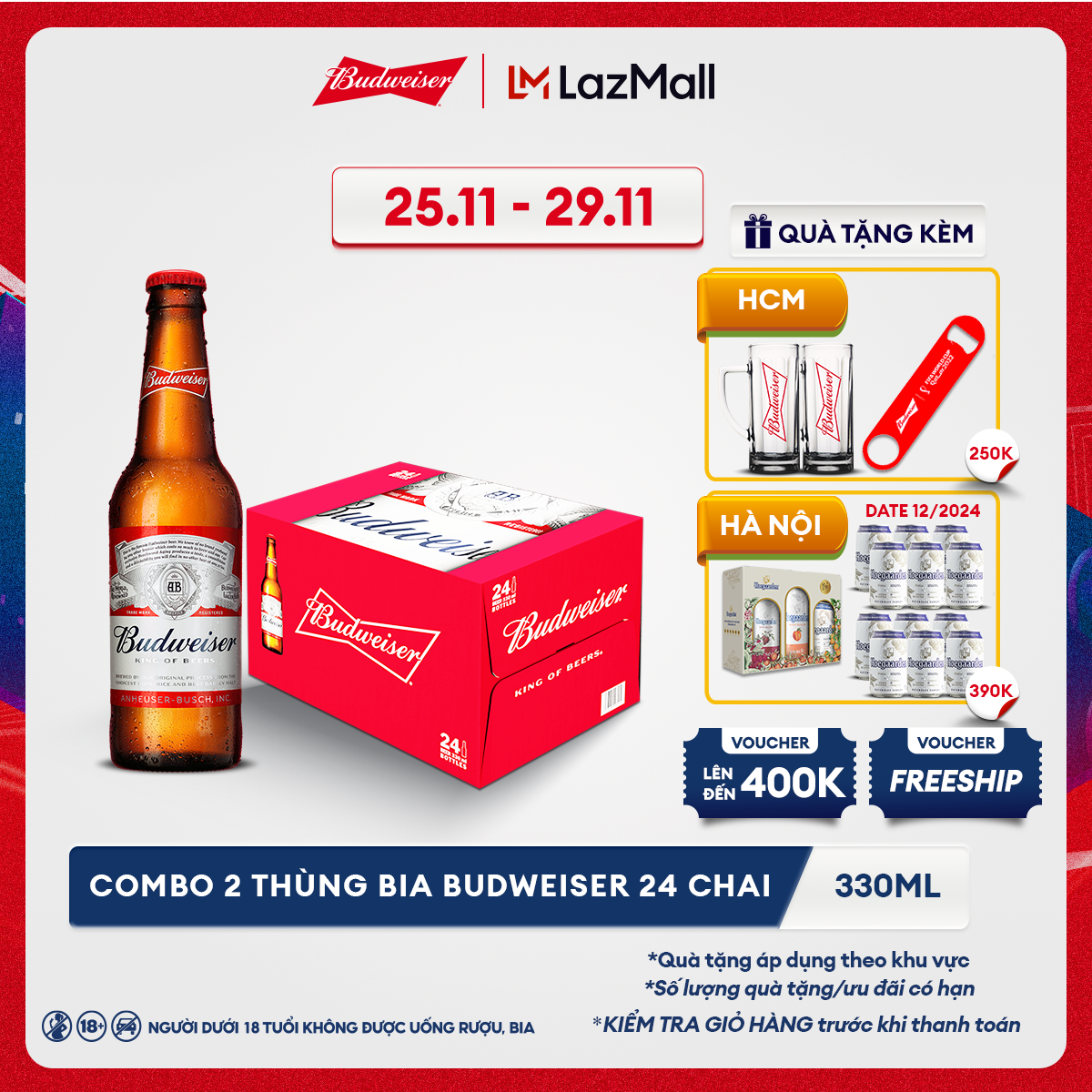 Thùng 24 Chai Bia Budweiser Chính Hãng (330ml/Chai) - Chỉ Giao Tỉnh
