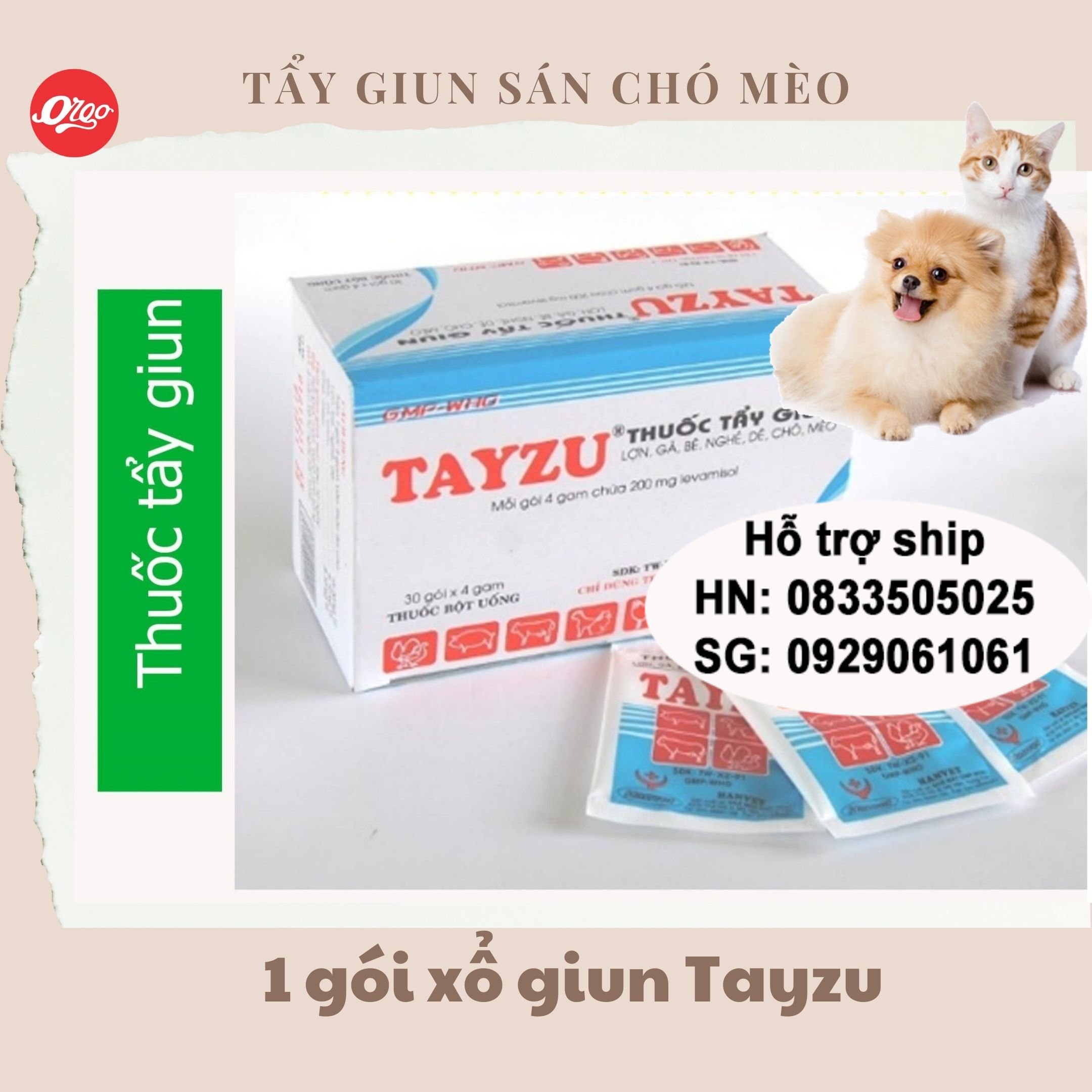  Orgo - Xổ giun Tayzu thuốc tẩy giun sán chó mèo dạng gói pha nước uống cho thú cưng gà chim 