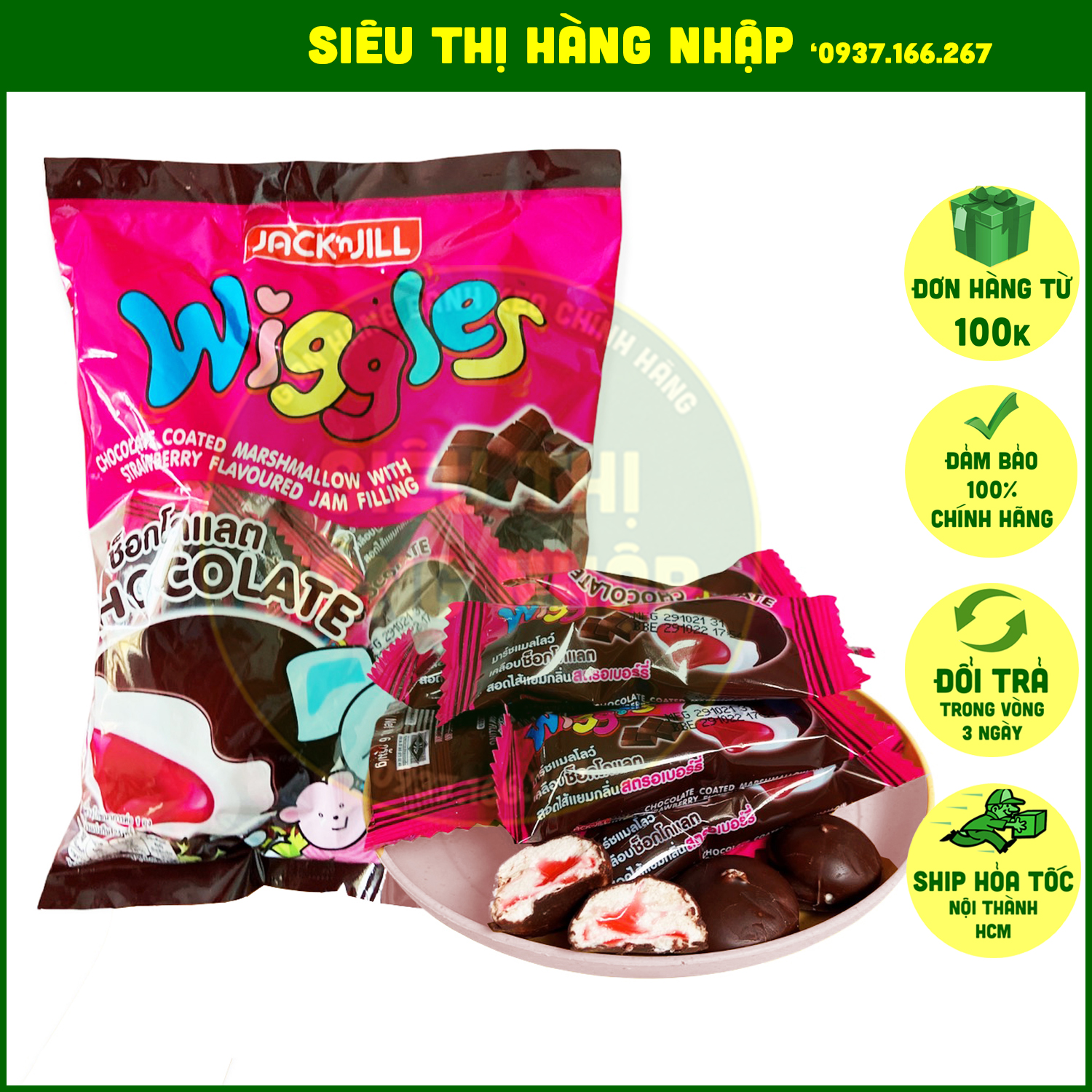Socola phủ kẹo bông gòn nhân mứt dâu Wiggles Jack & Jill Thái Lan 144g, kẹo marshmallow sô cô la, chocolate