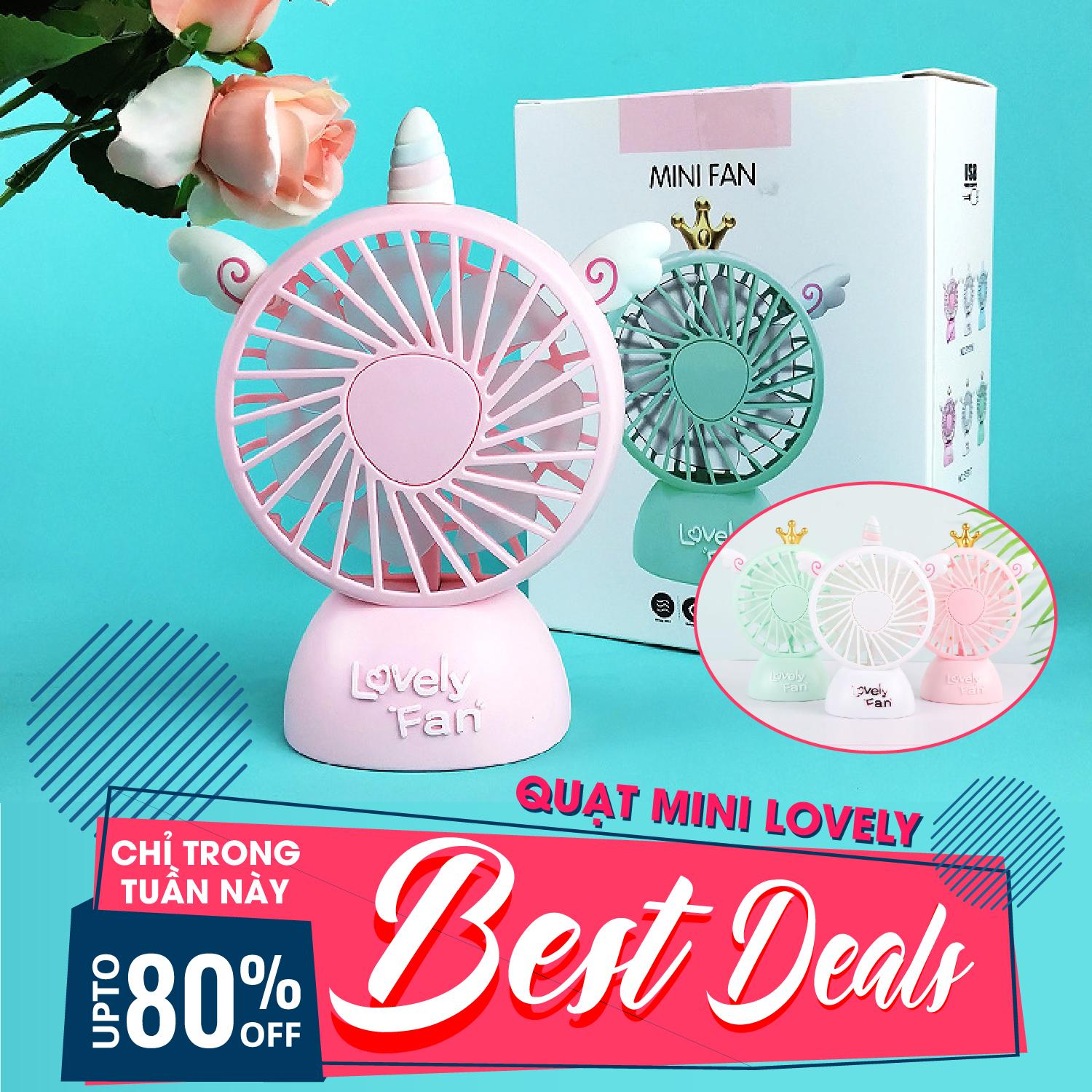 Quạt cầm tay mini, quạt để bàn, quạt mini cầm tay 7 cánh lovely - quạt mini cầm tay sạc điện + kèm 1 gương cầm tay mini
