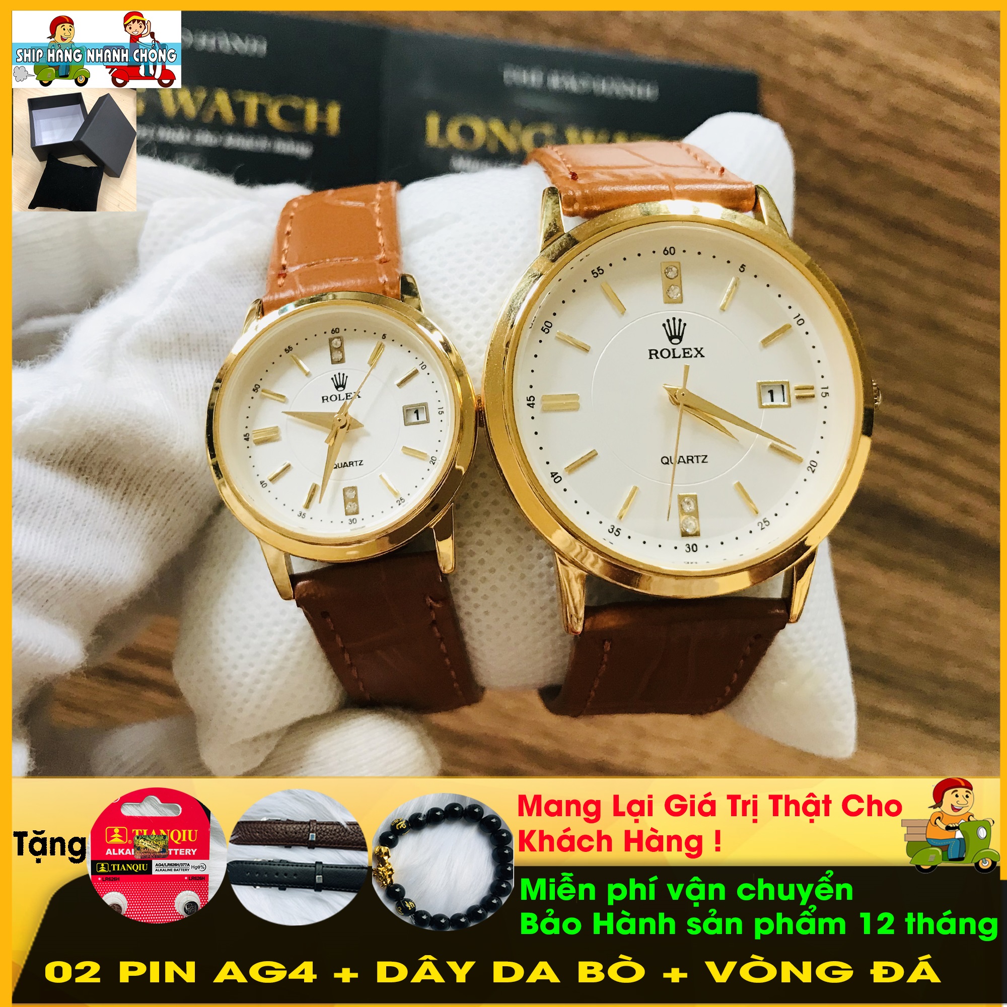 ĐỒNG HỒ NAM, ĐỒNG HỒ NỮ, CẶP ĐỒNG HỒ ĐÔI NAM NỮ, MÃ 02, TẶNG VÒNG ĐÁ TỲ HƯU PHONG THỦY, TẶNG 02 PIN AG4, SẢN PHẨM CÓ KÍNH CHỐNG XƯỚC, MẶT TRẮNG, DÂY DA BÒ, LỊCH NGÀY, CHỐNG NƯỚC 3ATM