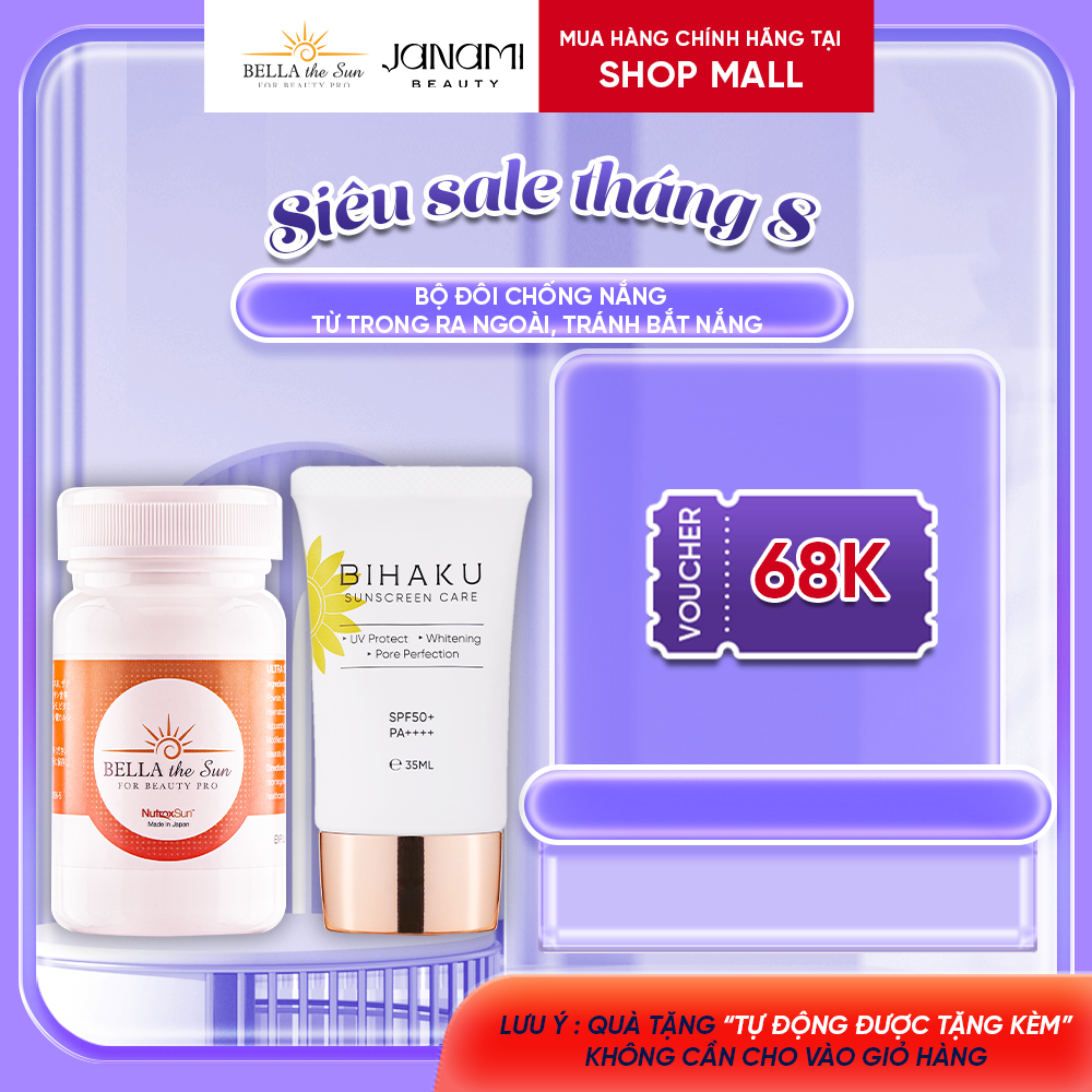 Bộ đôi chống nắng toàn diện, ngăn chặn oxy hóa cải thiện lão hóa da và giảm thậm mụn, nám sạm Bella The Sun 35v và Bihaku Sunscreen SPF50+ PA++++ 35ml