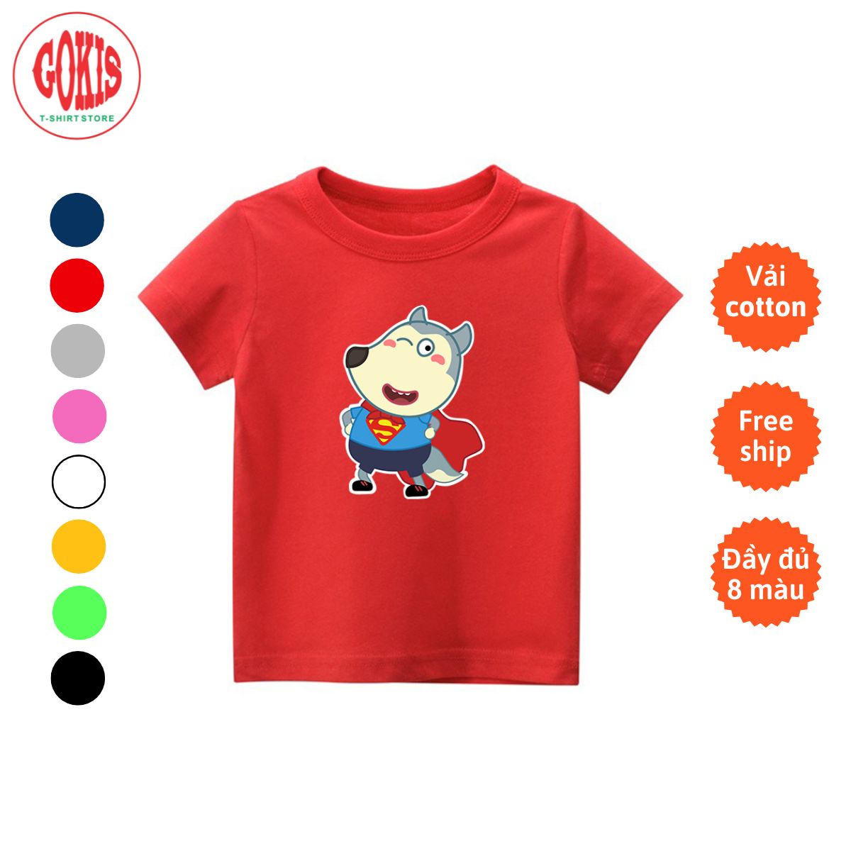 Áo thun bé trai bé gái Wolfoo Superman - Áo phông trẻ em tay cộc cổ tròn in hình Wolfoo vải cotton G