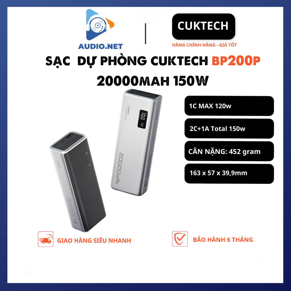 Sạc Dự Phòng Cuktech 20000mAh 150W ZMI (PB200P/BP200) 2C1A PD 3.1 PPS5A QC Mi Turbro Charger 120W