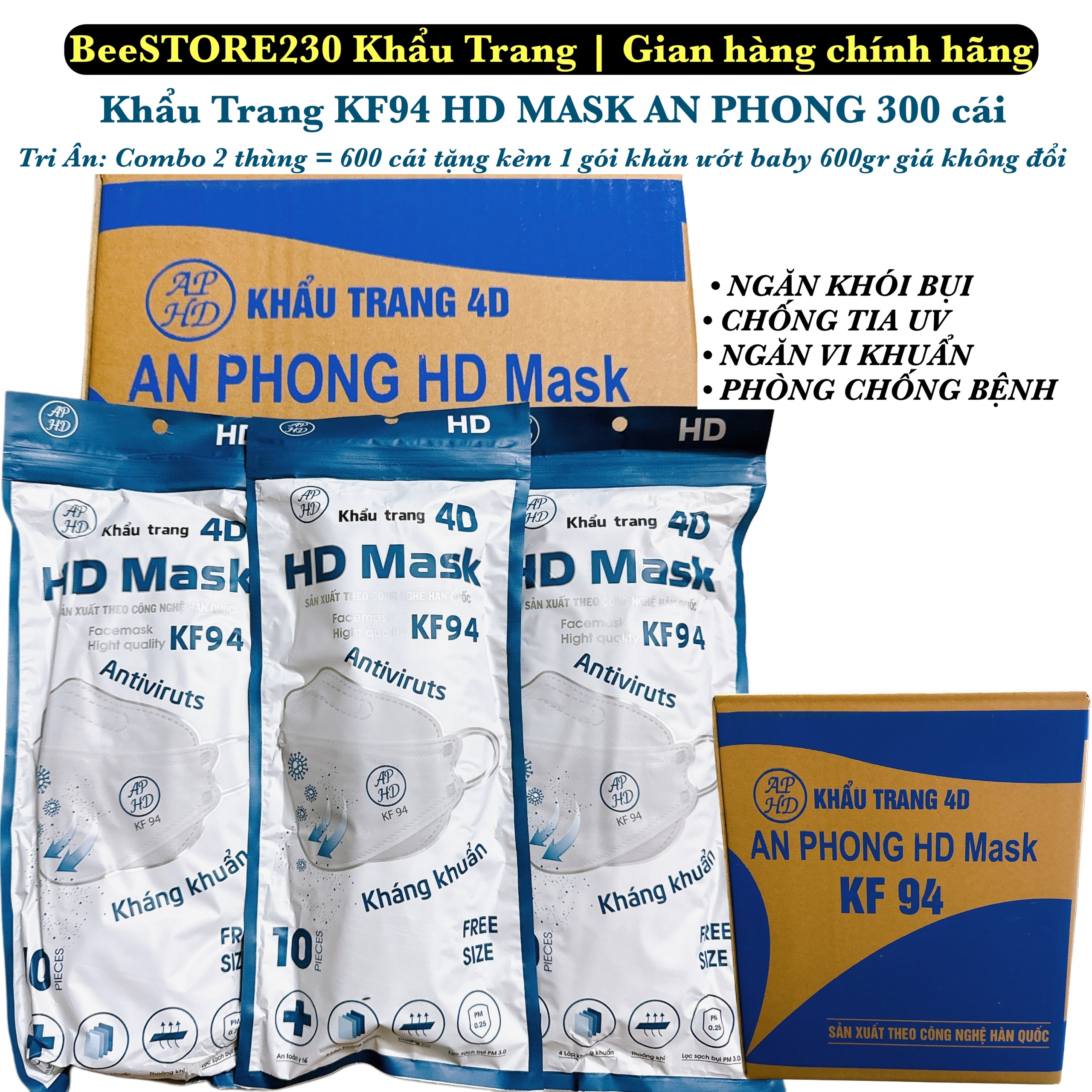  HOÀN TIỀN 15% - THÙNG 300C KHẨU TRANG KF94 HIỆU HD MASK CHÍNH HÃNG ĐỦ MÀU SẮC 