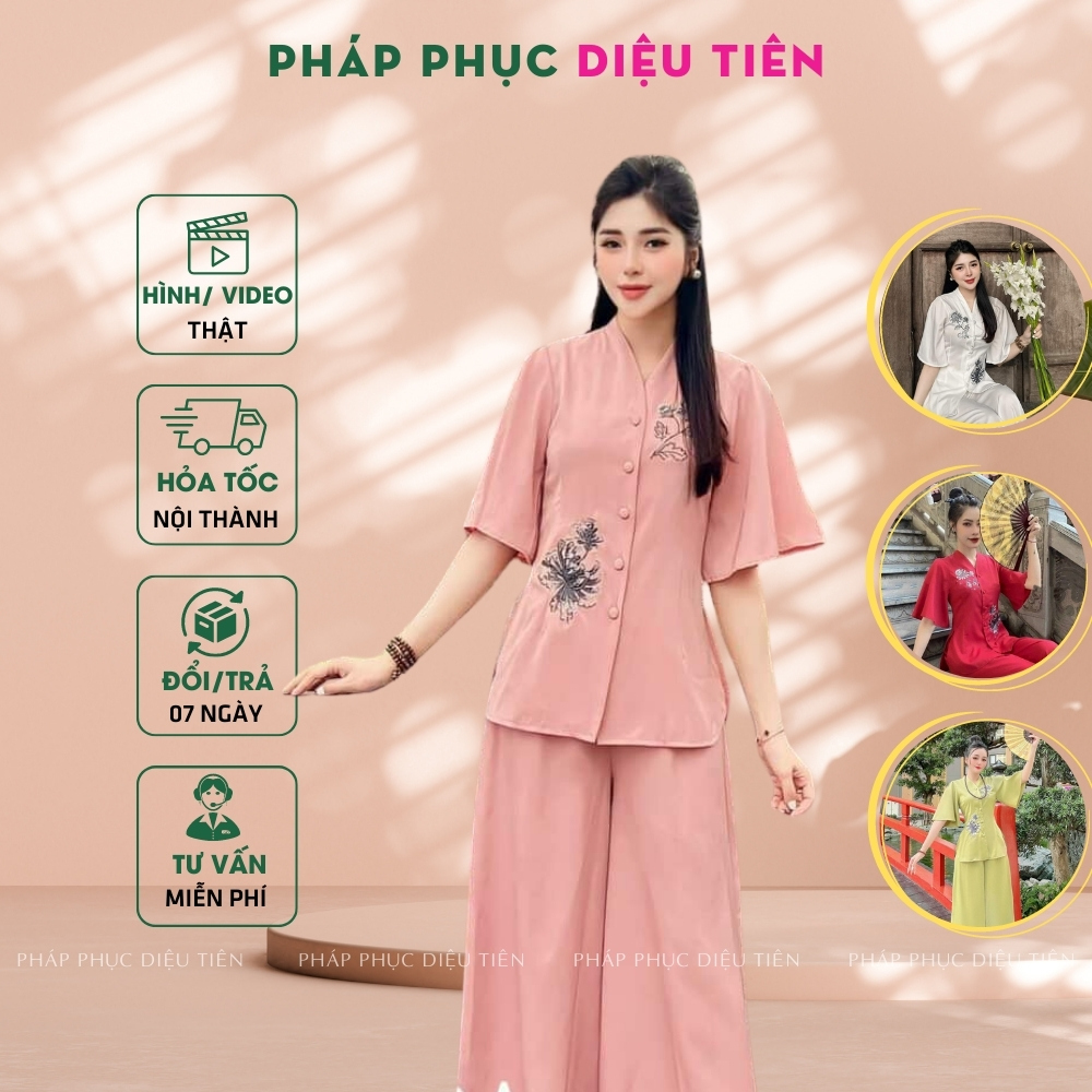 Bộ lam đi chùa cao cấp chất liệu lụa thêu hoa - Pháp Phục Diệu Tiên