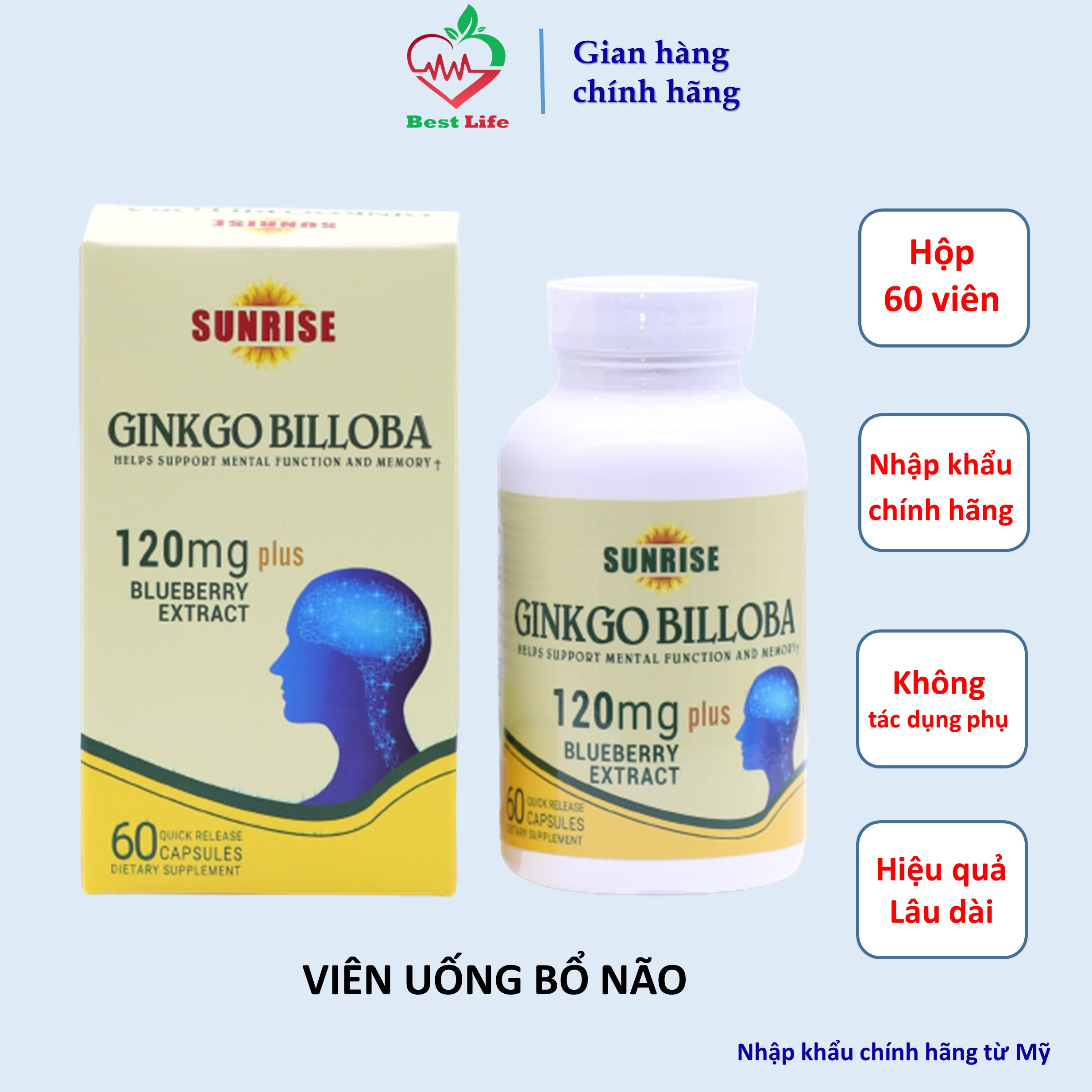 Bổ não Snrise Toward Health GINKGO BILLOBA tăng cường tuần hoàn não giảm hội chứng về tiền đình não hộp 60 viên