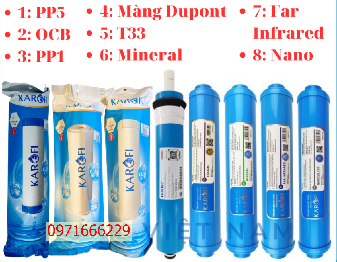 Combo bộ lõi lọc nước Karofi từ 1 đến 8 cấp
