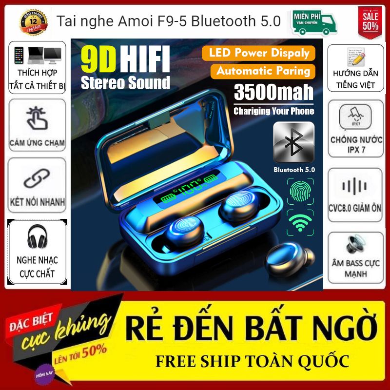 (Tai Nghe Cao Cấp) Tai Nghe Bluetooth Amoi F9-5 - Tai Nghe Kiêm Sạc Dự Phòng 3500 mAh - Tai Nghe NHạc Cực Chất - Tai Nghe Chống Thấm Nước Chống Thấm Mồ Hôi  - Tai Nghe Màn Hình LED Hiển Thị Dung Lượng Pin - Tai Nghe Pin Trâu