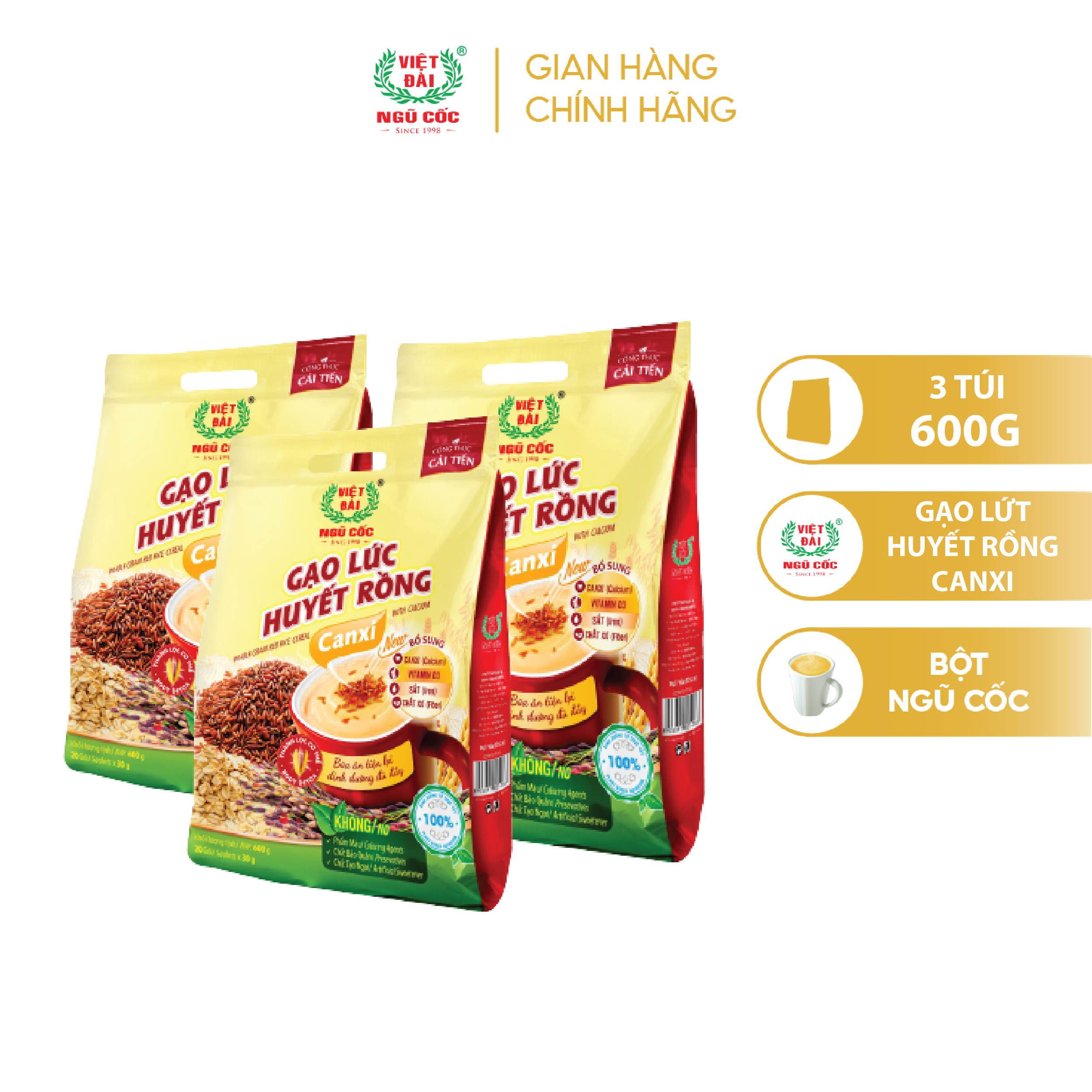  Combo 3 Bột Ngũ Cốc Gạo Lứt Huyết Rồng Canxi VIỆT ĐÀI Thơm Ngon Giúp Thanh Lọc Cơ Thể Túi 600g 