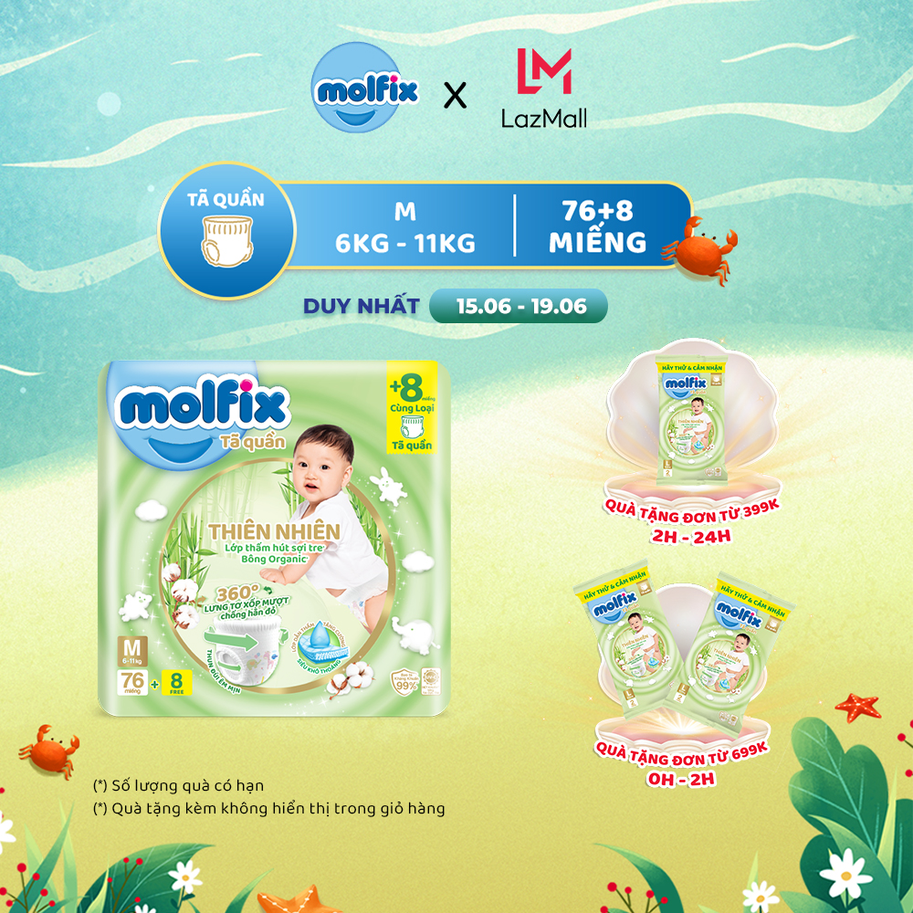 [Đơn 399K Tặng 2 miếng tã quần size L ] Tã/bỉm quần Molfix Thiên nhiên Ultra M (6kg - 11kg) - Gói 76+8 miếng