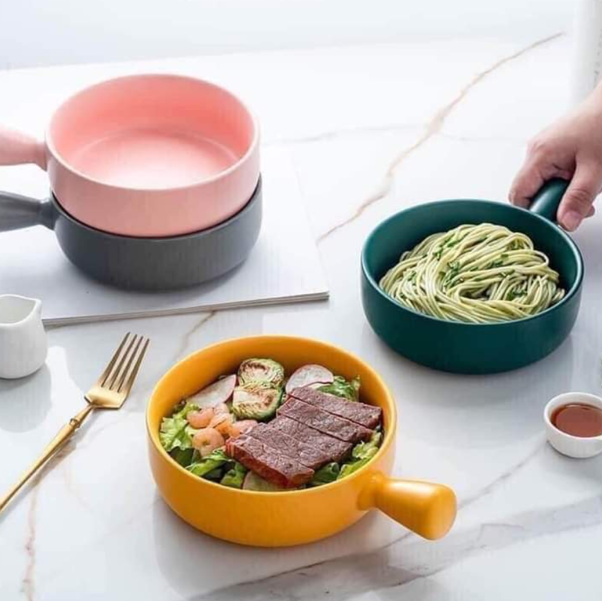 Bát Sứ Có Quai, Bát Sứ Tay Cầm,dung tích lớn, đựng cơm, đựng sa lát, đựng canh, phong cách châu Âu, dùng được lò vi sóng