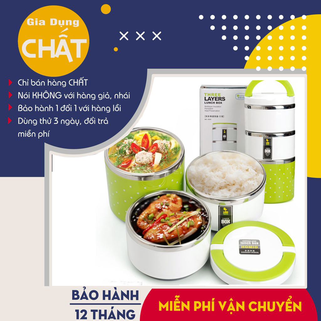 Cặp lồng cơm 3 tầng giữ nhiệt chấm bi ruột inox