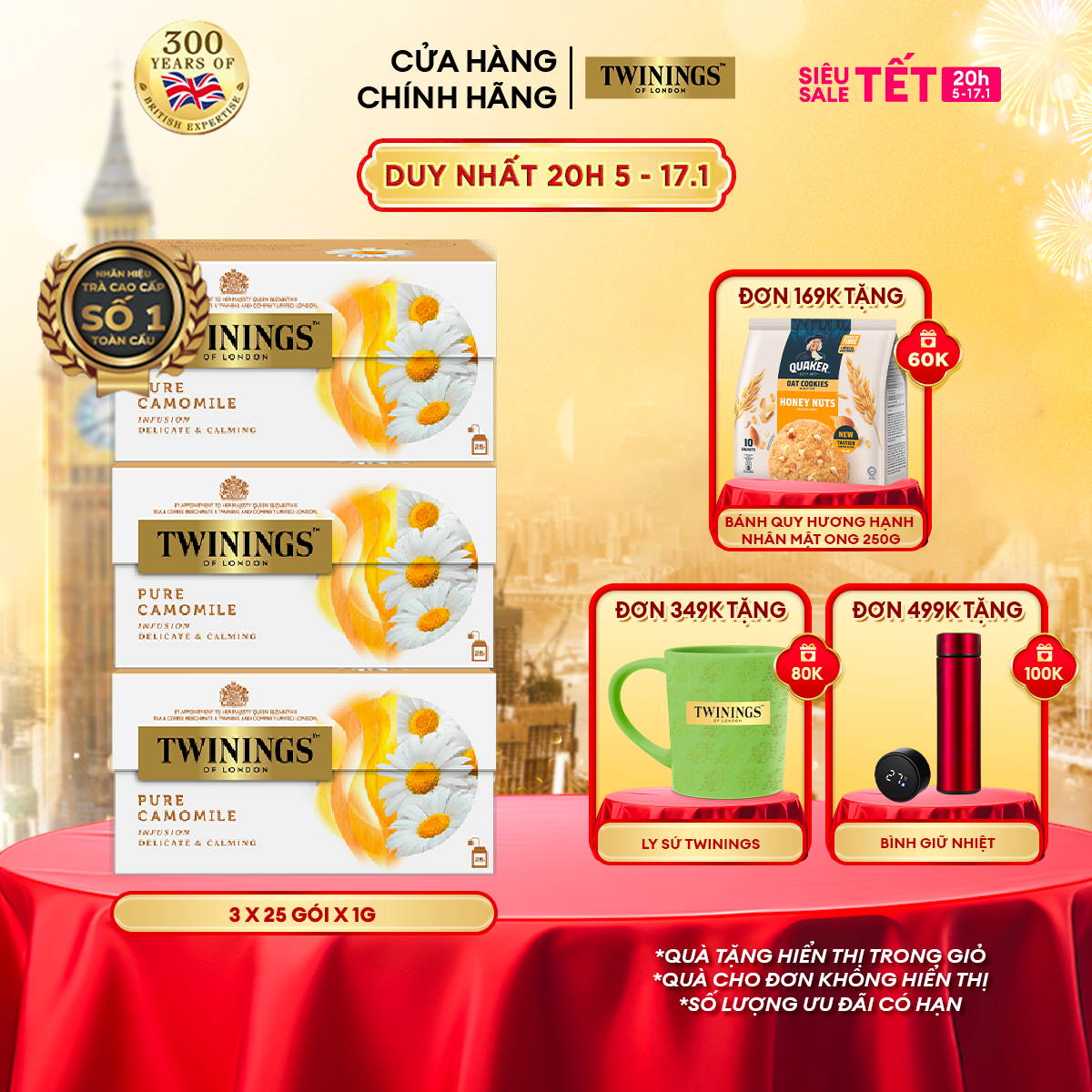 Combo 3 Trà Túi Lọc Hoa Cúc Twinings Pure Camomile - Hộp 25 Gói 1G