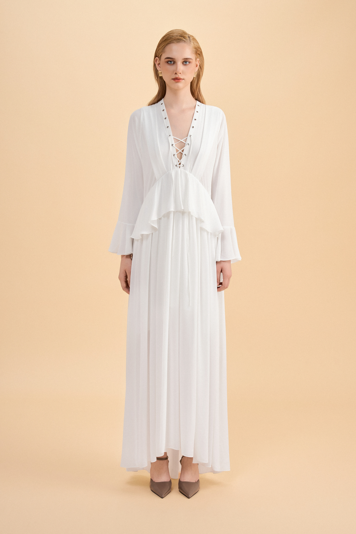 Emchic đầm voan maxi dài tay bèo trắng đan dây đi du lịch biển đi chơi cho nữ - isis dress