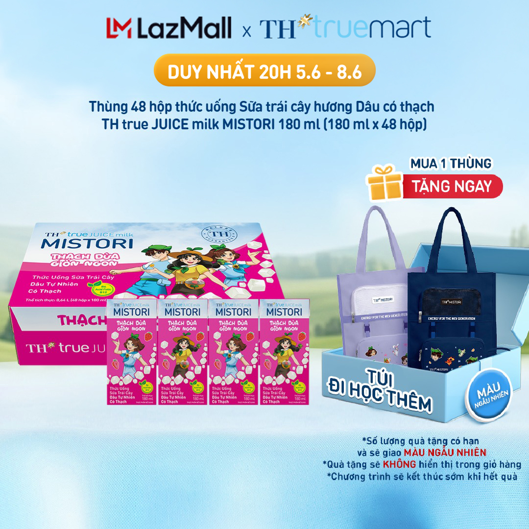 Thùng 48 hộp thức uống Sữa trái cây hương Dâu có thạch  TH true JUICE milk MISTORI 180ml (180ml x 48)