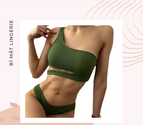 Bikini 2 mảnh thun tăm lệch vai xanh rêu tôn da