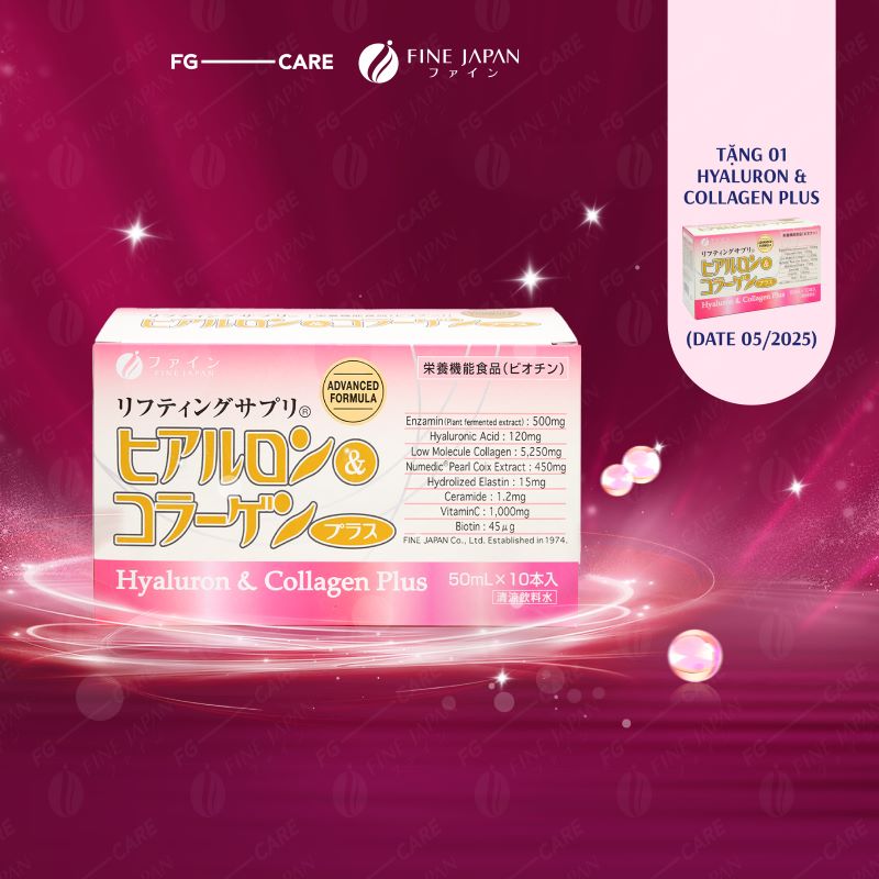 Collagen nước FINE JAPAN Nhật Bản Đẹp Da Dưỡng Ẩm - Fine Japan Hyaluron & Collagen Plus (Hộp 10 Chai x 50ml)