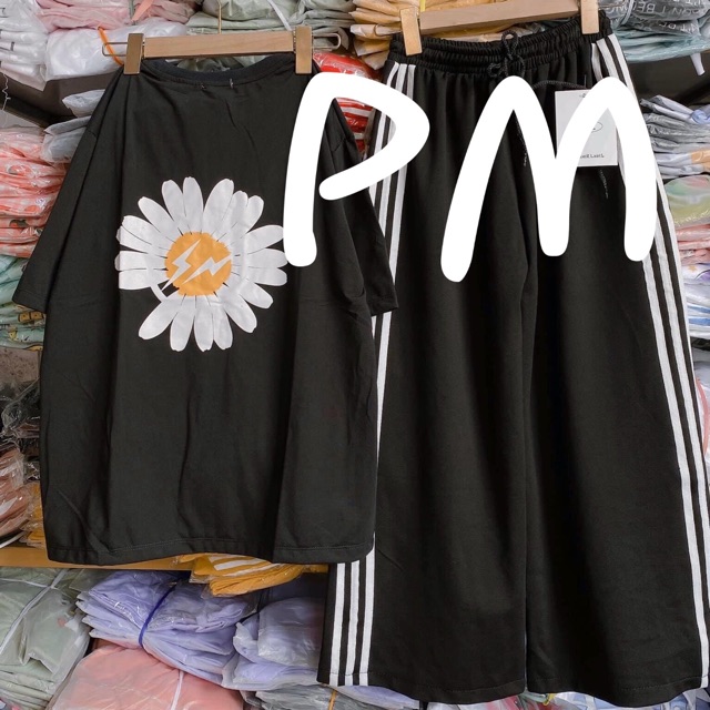 Sét áo hoa cúc tia sét + quần ba sọc ống rộng , sét áo nam nữ, chất đẹp, sét bộ mặc ở nhà - MIMOSA