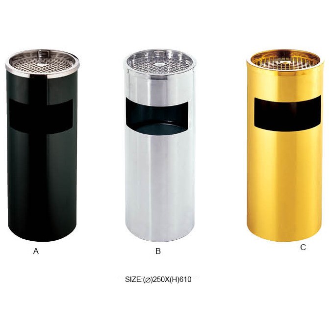 Thùng rác inox tròn có gạt tàn thuốc lá, thùng rác gạt tàn inox, b-073